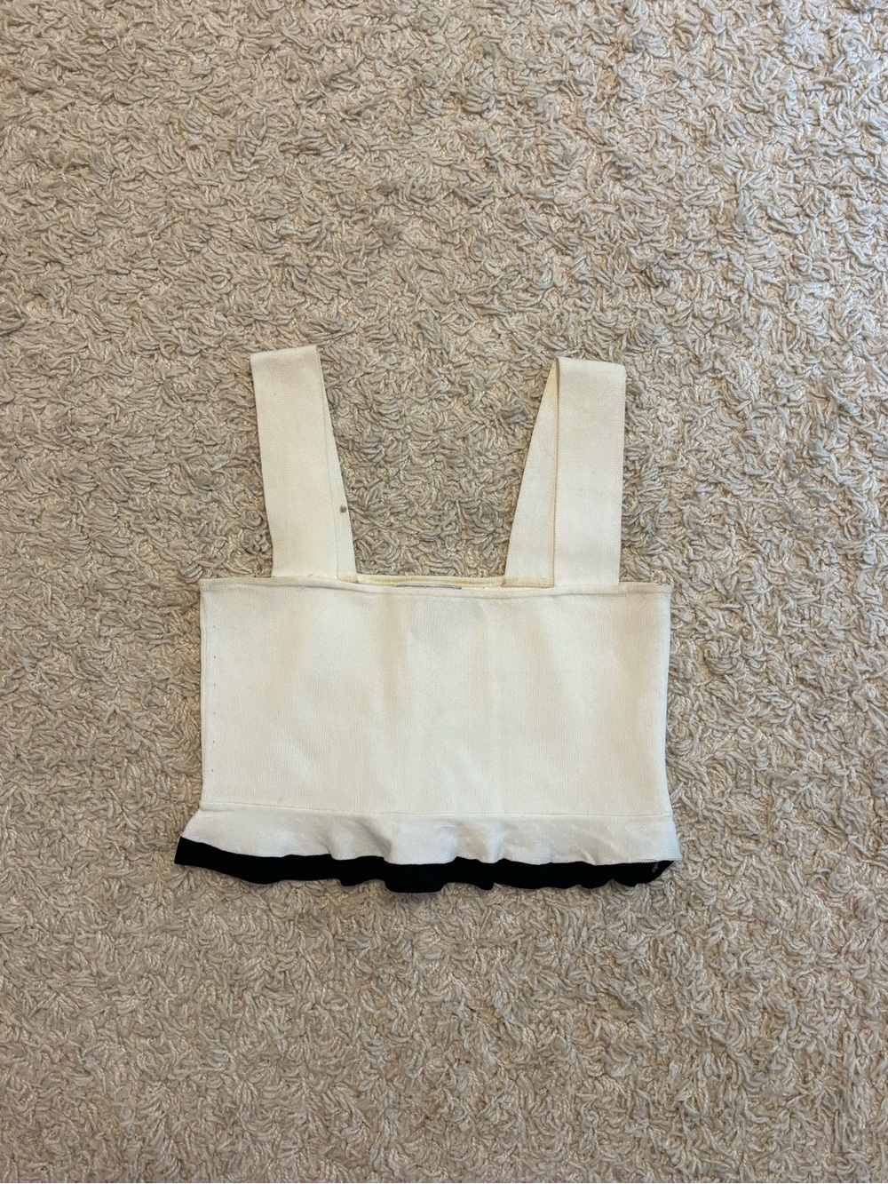 Olivaceous White Ruffle-Hem Crop Top with Black Trim